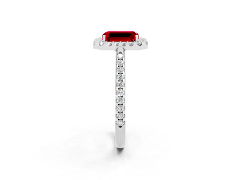 White gold Emerald Cut Ruby Pavé Halo Ring with Four-Prong Setting_14