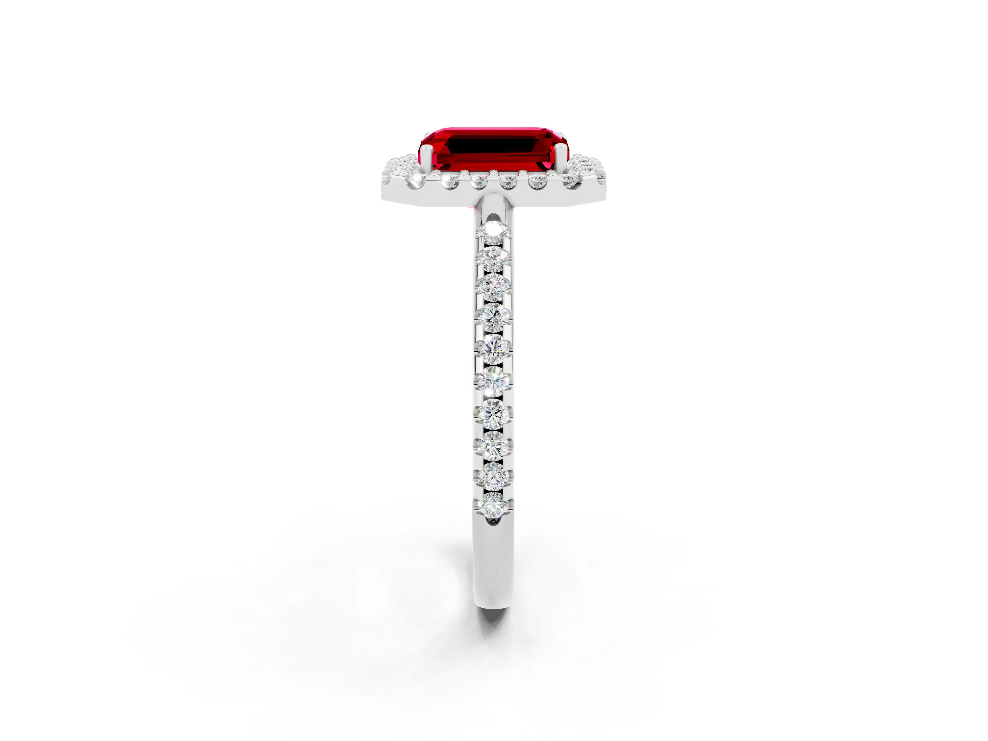 White gold Emerald Cut Ruby Pavé Halo Ring with Four-Prong Setting_14