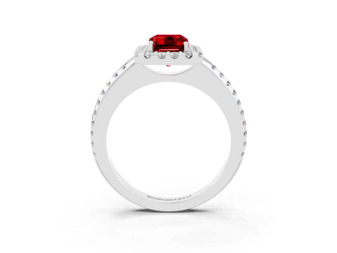 White gold Emerald Cut Ruby Pavé Halo Ring with Four-Prong Setting_15