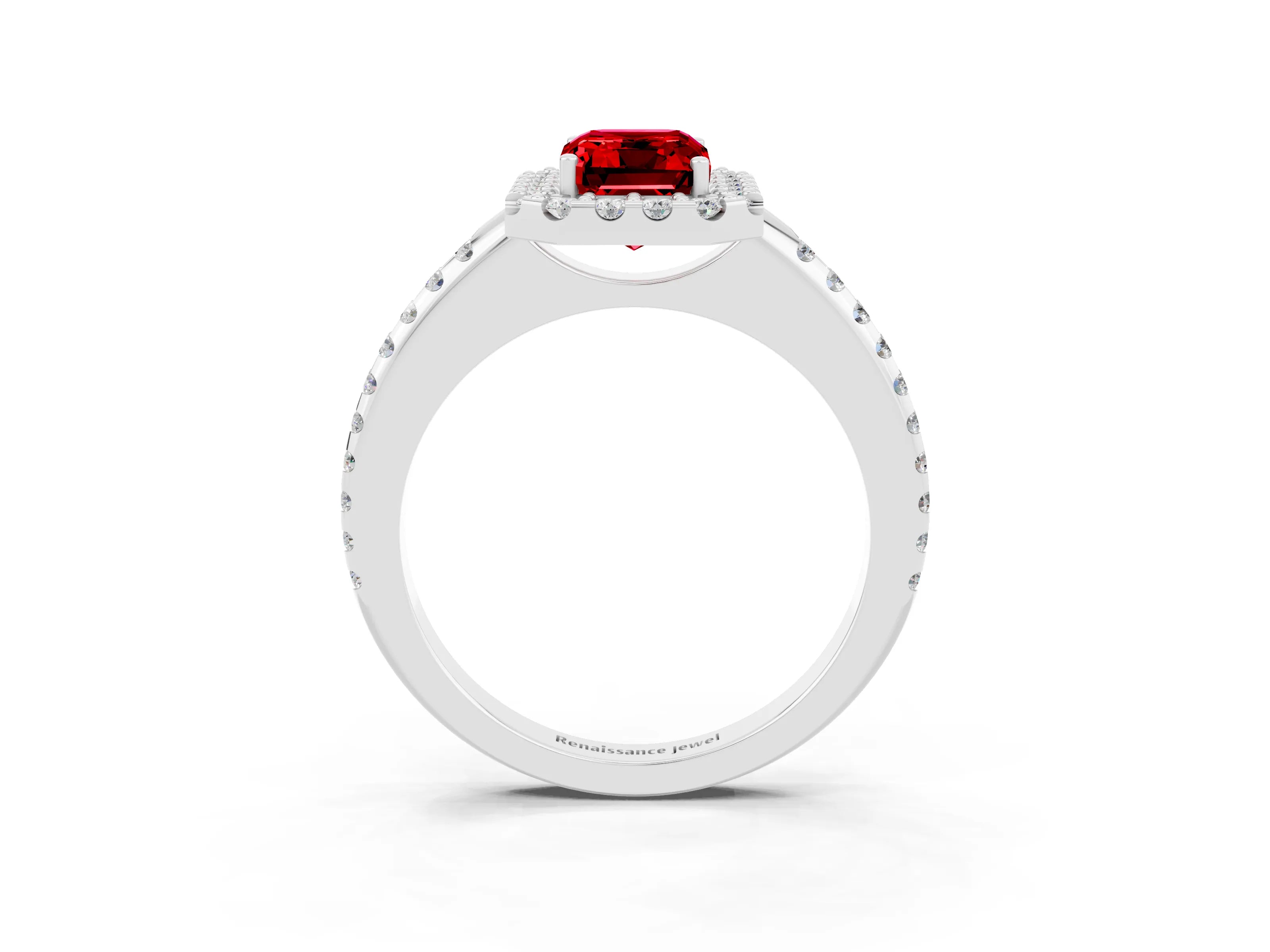 White gold Emerald Cut Ruby Pavé Halo Ring with Four-Prong Setting_15