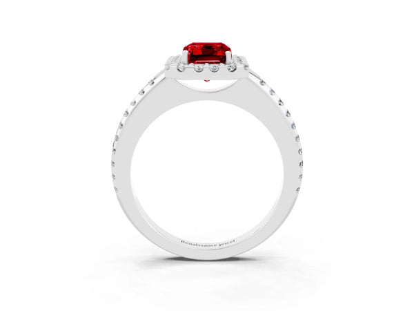 White gold Emerald Cut Ruby Pavé Halo Ring with Four-Prong Setting