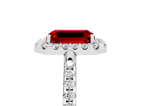 White gold Emerald Cut Ruby Pavé Halo Ring with Four-Prong Setting_17