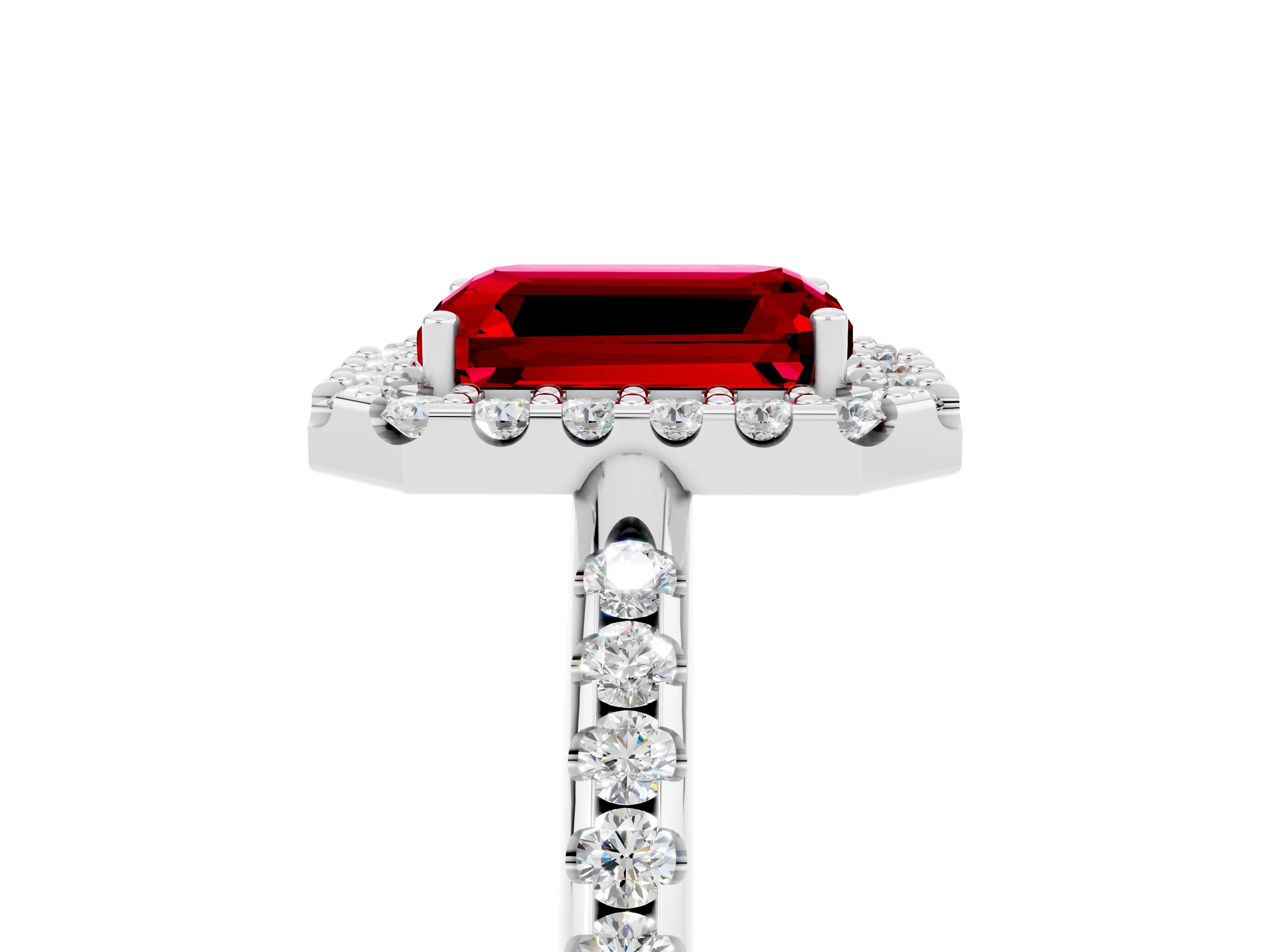 White gold Emerald Cut Ruby Pavé Halo Ring with Four-Prong Setting_17