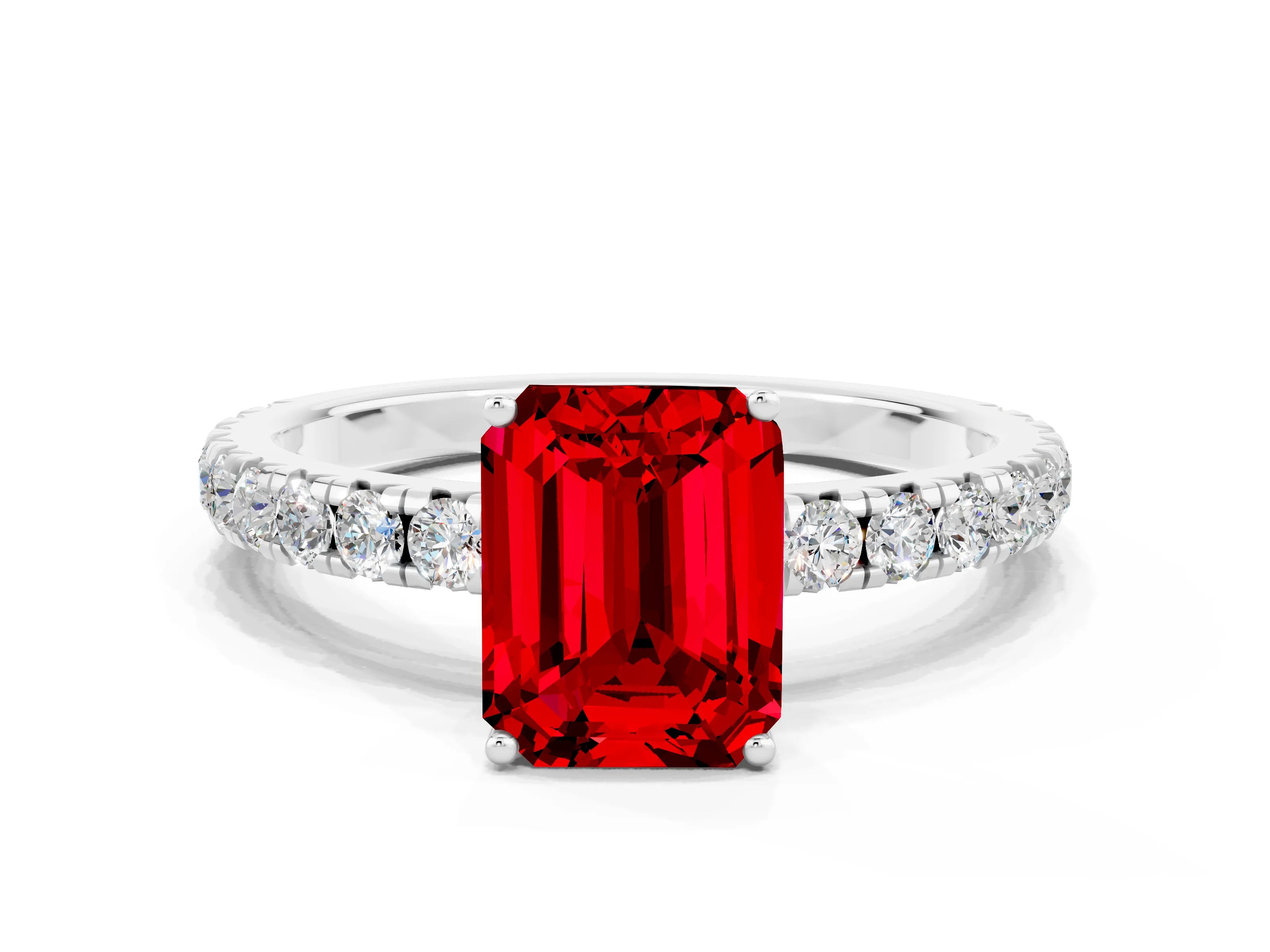 White gold Emerald Cut Ruby Pavé Solitaire Engagement Ring with Four-Prong Setting_12
