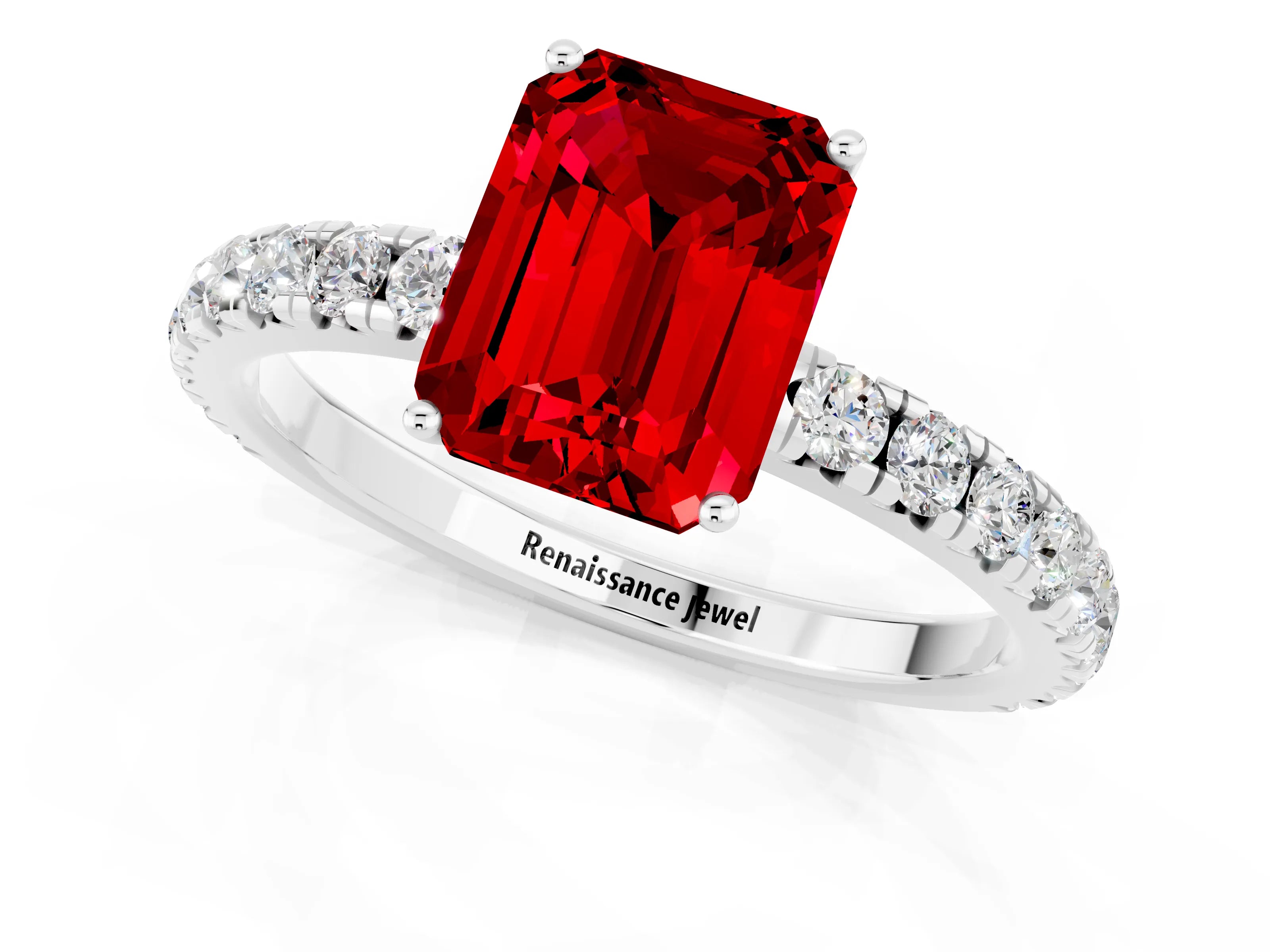 White gold Emerald Cut Ruby Pavé Solitaire Engagement Ring with Four-Prong Setting_13