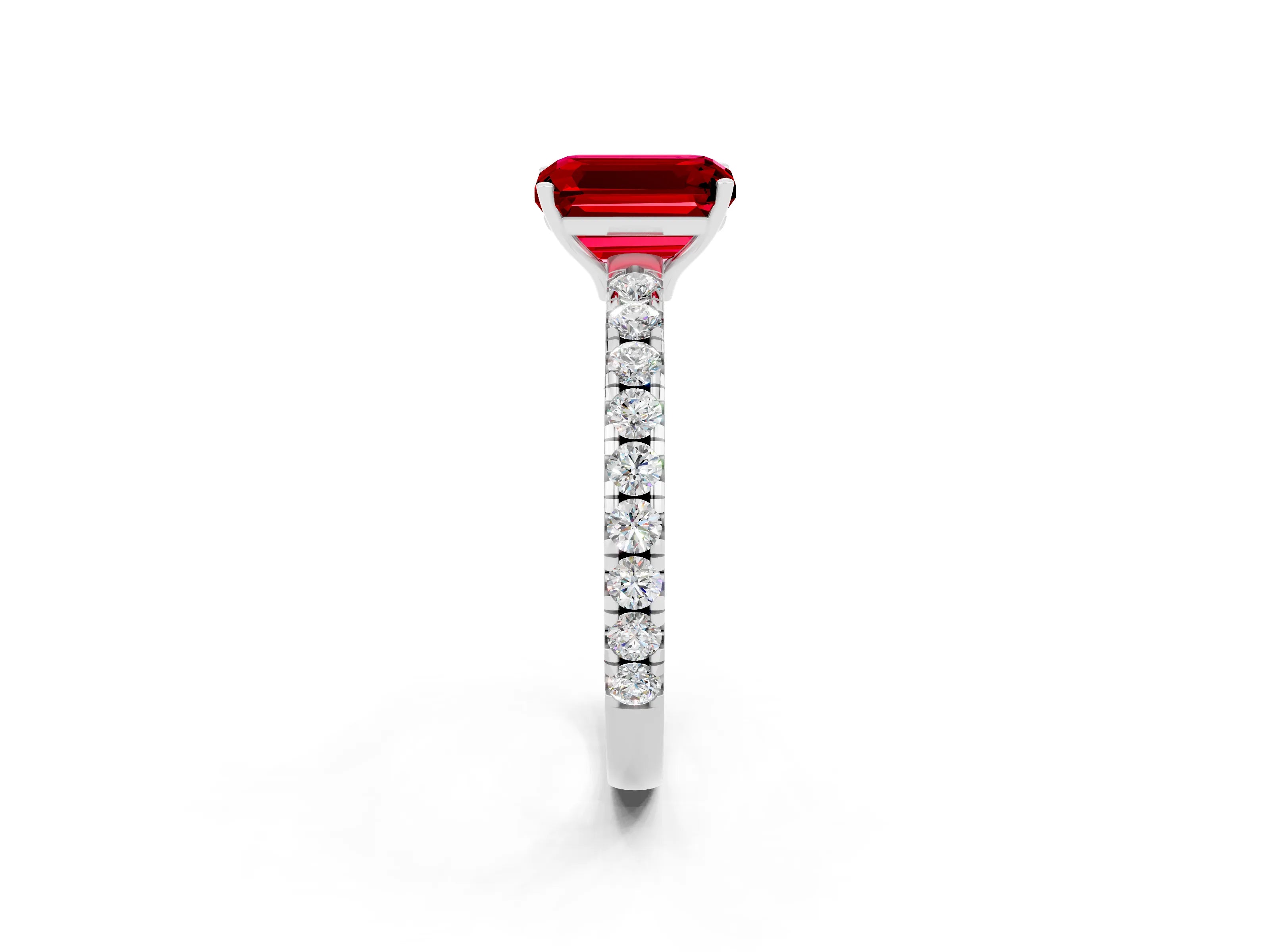 White gold Emerald Cut Ruby Pavé Solitaire Engagement Ring with Four-Prong Setting_14