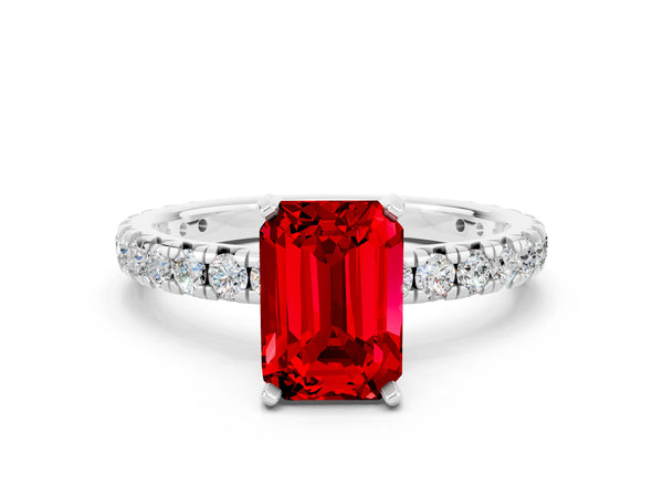 White gold Emerald Cut Ruby Pavé Solitaire Ring with Round Band and Prong Setting