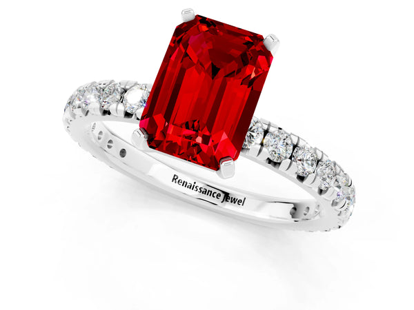 Platinum Emerald Cut Ruby Pavé Solitaire Ring with Round Band and Prong Setting
