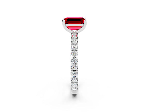 Platinum Emerald Cut Ruby Pavé Solitaire Ring with Round Band and Prong Setting