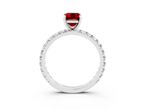 Platinum Emerald Cut Ruby Pavé Solitaire Ring with Round Band and Prong Setting
