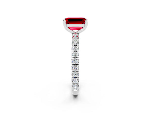 White Gold Emerald Cut Lab-Grown Ruby Solitaire Engagement Ring with Shared Prong Pave Band