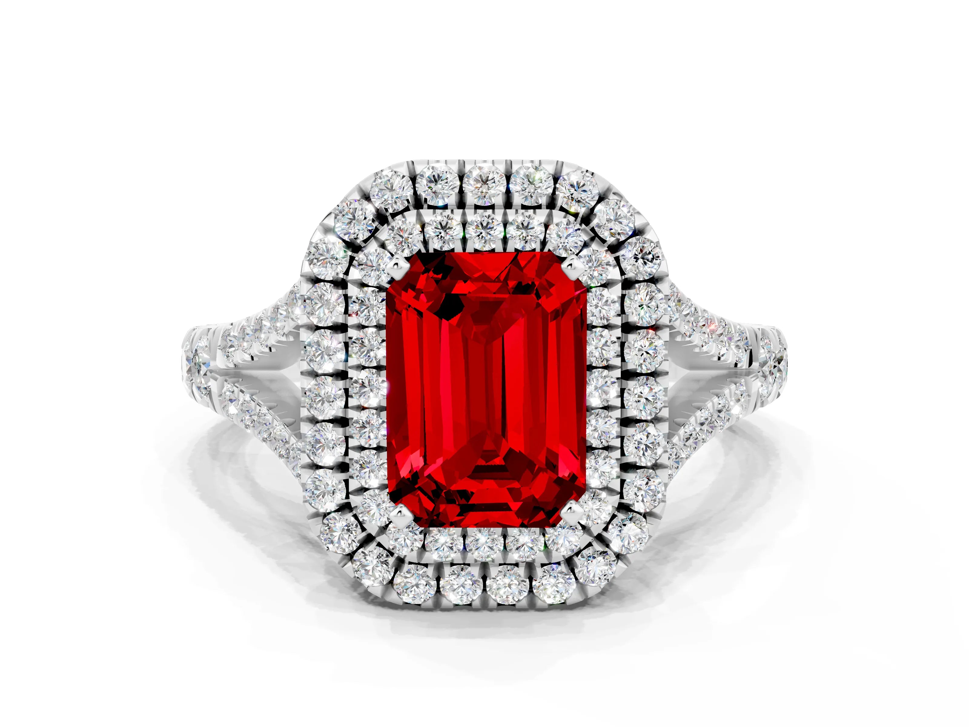 White gold Emerald Cut Ruby Pavé Split Shank Double Halo Engagement Ring