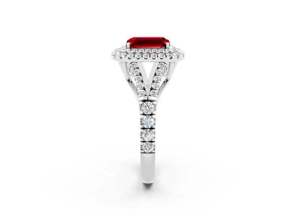 Silver Emerald Cut Ruby Pavé Split Shank Double Halo Engagement Ring
