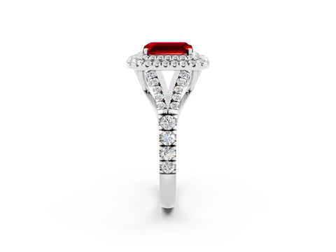 White gold Emerald Cut Ruby Pavé Split Shank Double Halo Engagement Ring_2