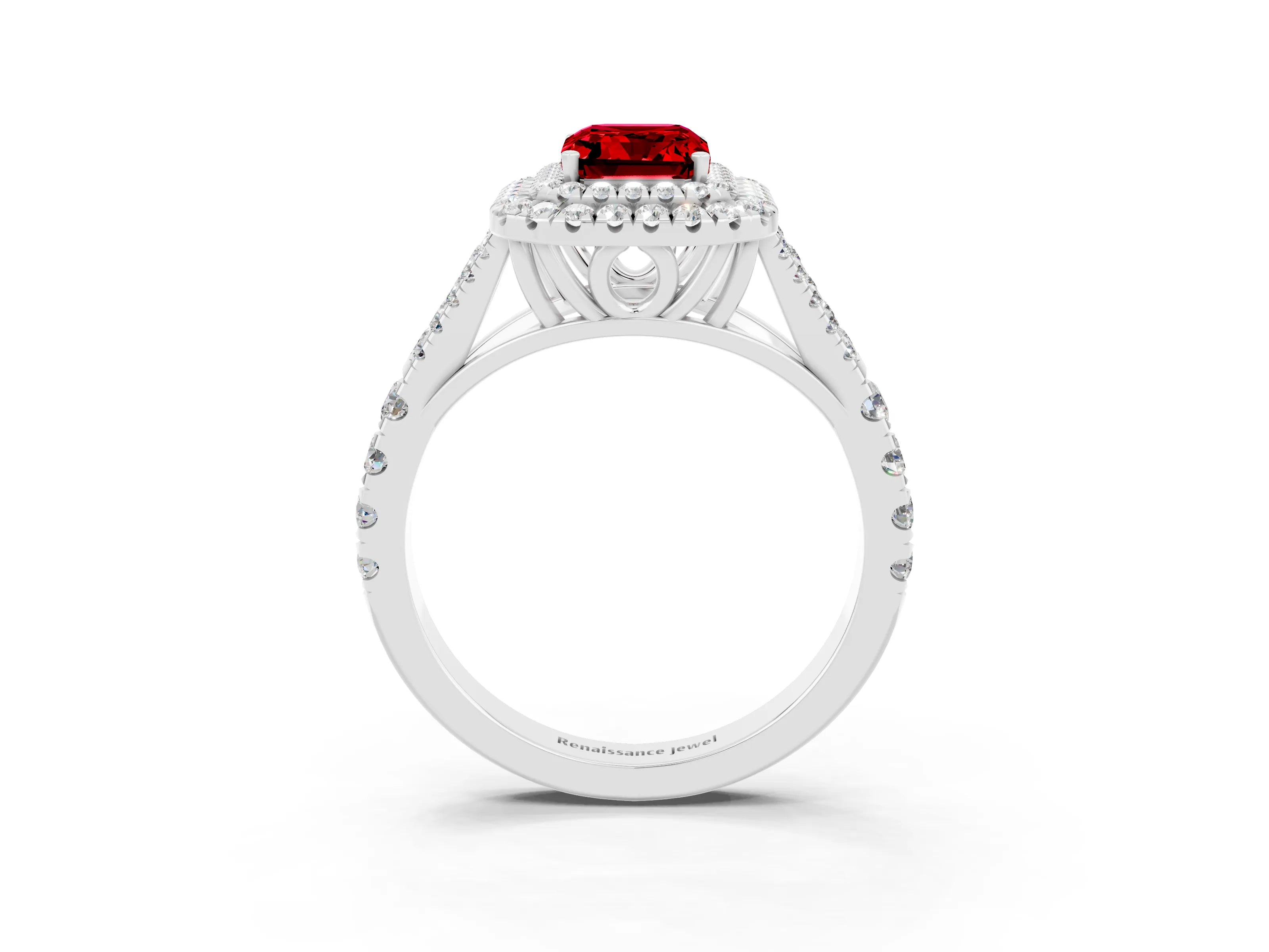 White gold Emerald Cut Ruby Pavé Split Shank Double Halo Engagement Ring_3