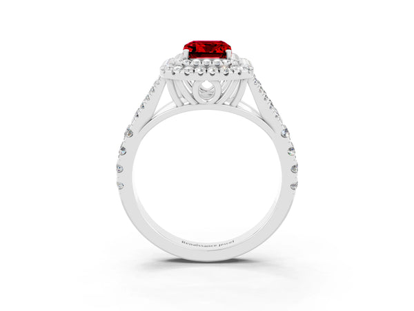 Silver Emerald Cut Ruby Pavé Split Shank Double Halo Engagement Ring