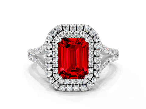 White gold Emerald Cut Ruby Pavé Split Shank Double Halo Engagement Ring
