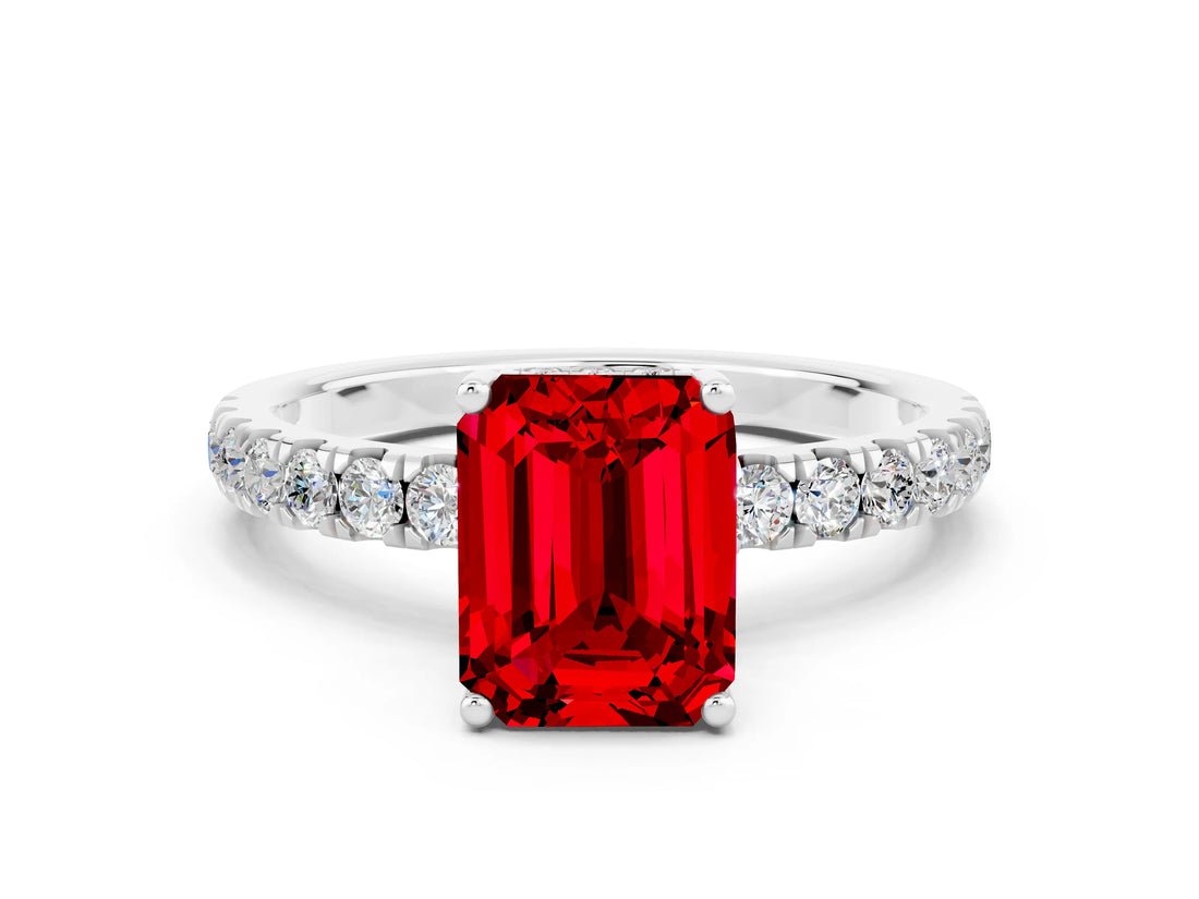 White gold Emerald Cut Ruby Pave Band Solitaire Ring with Four-Prong Setting_24
