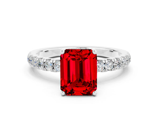 Platinum Emerald Cut Ruby Pave Band Solitaire Ring with Round  and Prong Setting