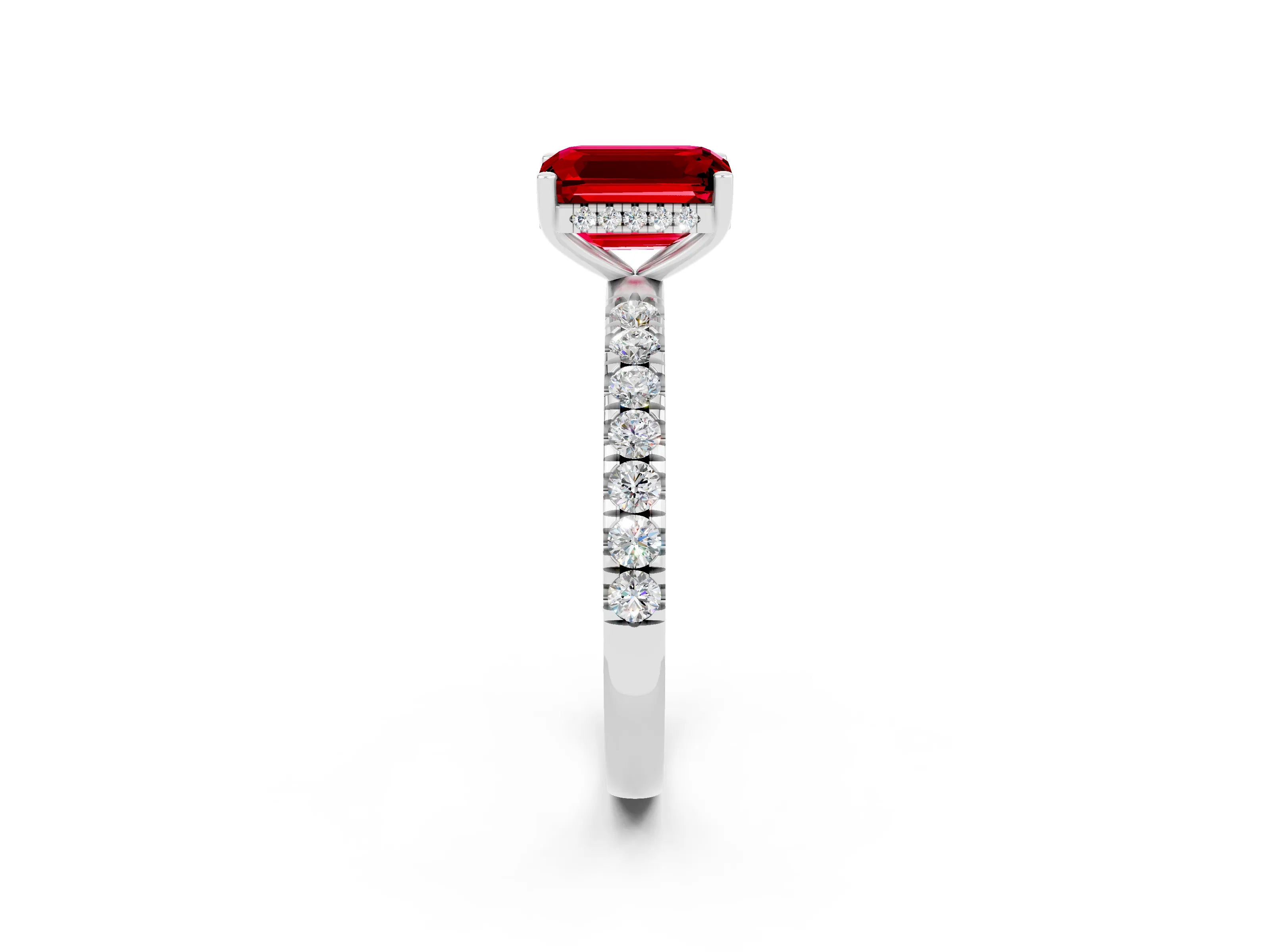 White gold Emerald Cut Ruby Pave Band Solitaire Ring with Four-Prong Setting_26