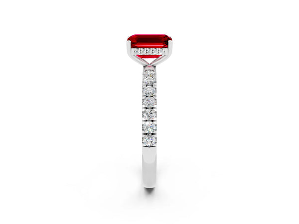 Silver Emerald Cut Ruby Pave Band Solitaire Ring with Round  and Prong Setting