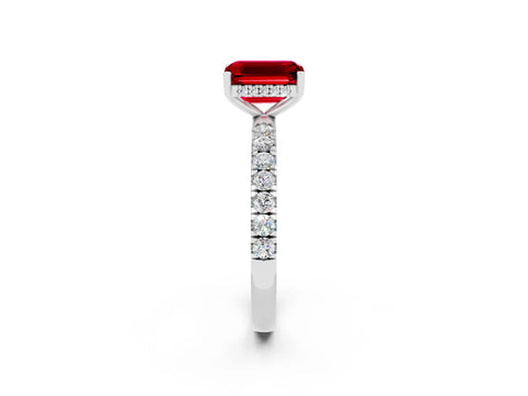 White gold Emerald Cut Ruby Pave Band Solitaire Ring with Four-Prong Setting_26