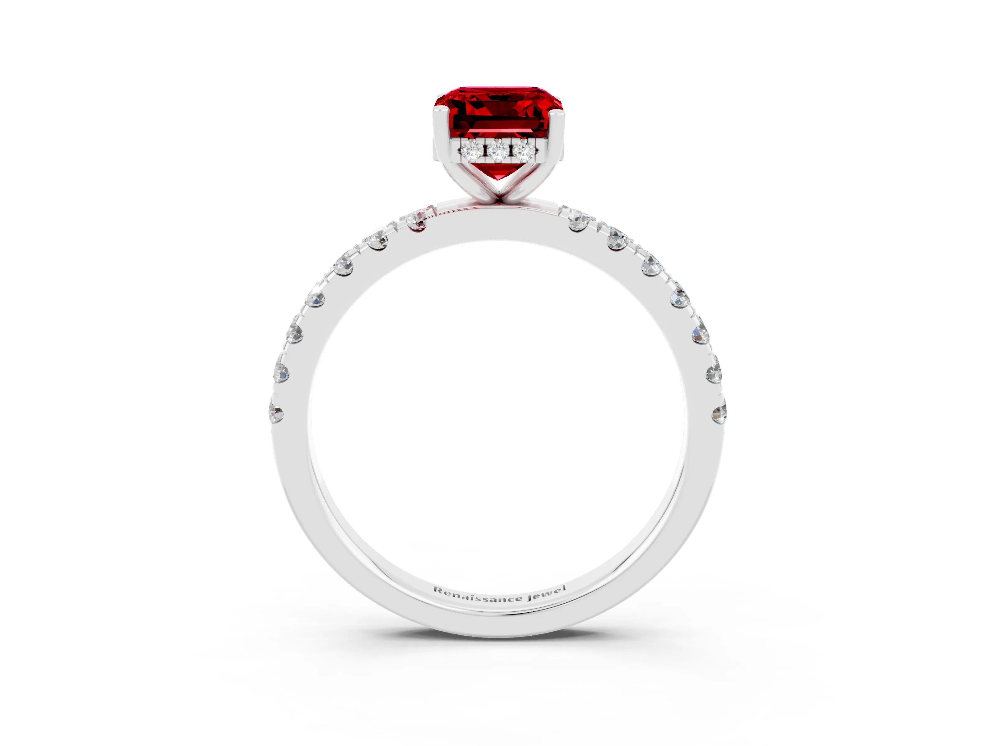 White gold Emerald Cut Ruby Pave Band Solitaire Ring with Four-Prong Setting_27