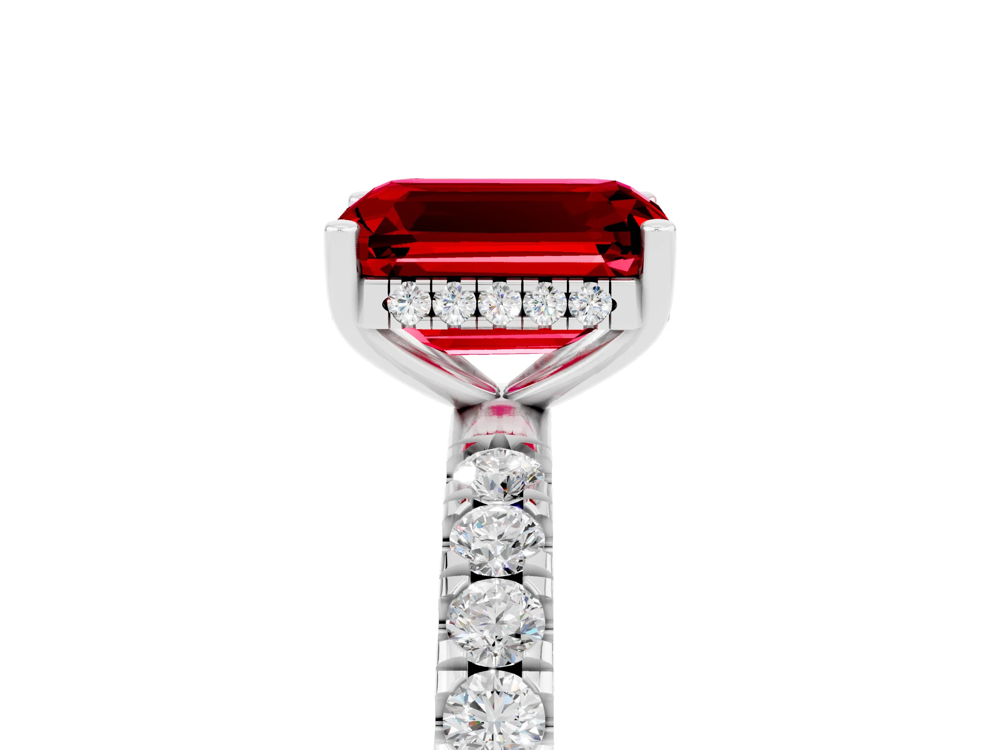 White gold Emerald Cut Ruby Pave Band Solitaire Ring with Four-Prong Setting_29