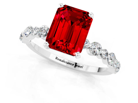 White gold Emerald Cut Ruby Prong Set Engagement Ring with Pavé Band_1