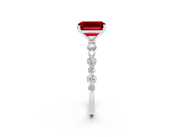 White gold Emerald Cut Ruby Prong Set Engagement Ring with Pavé Band