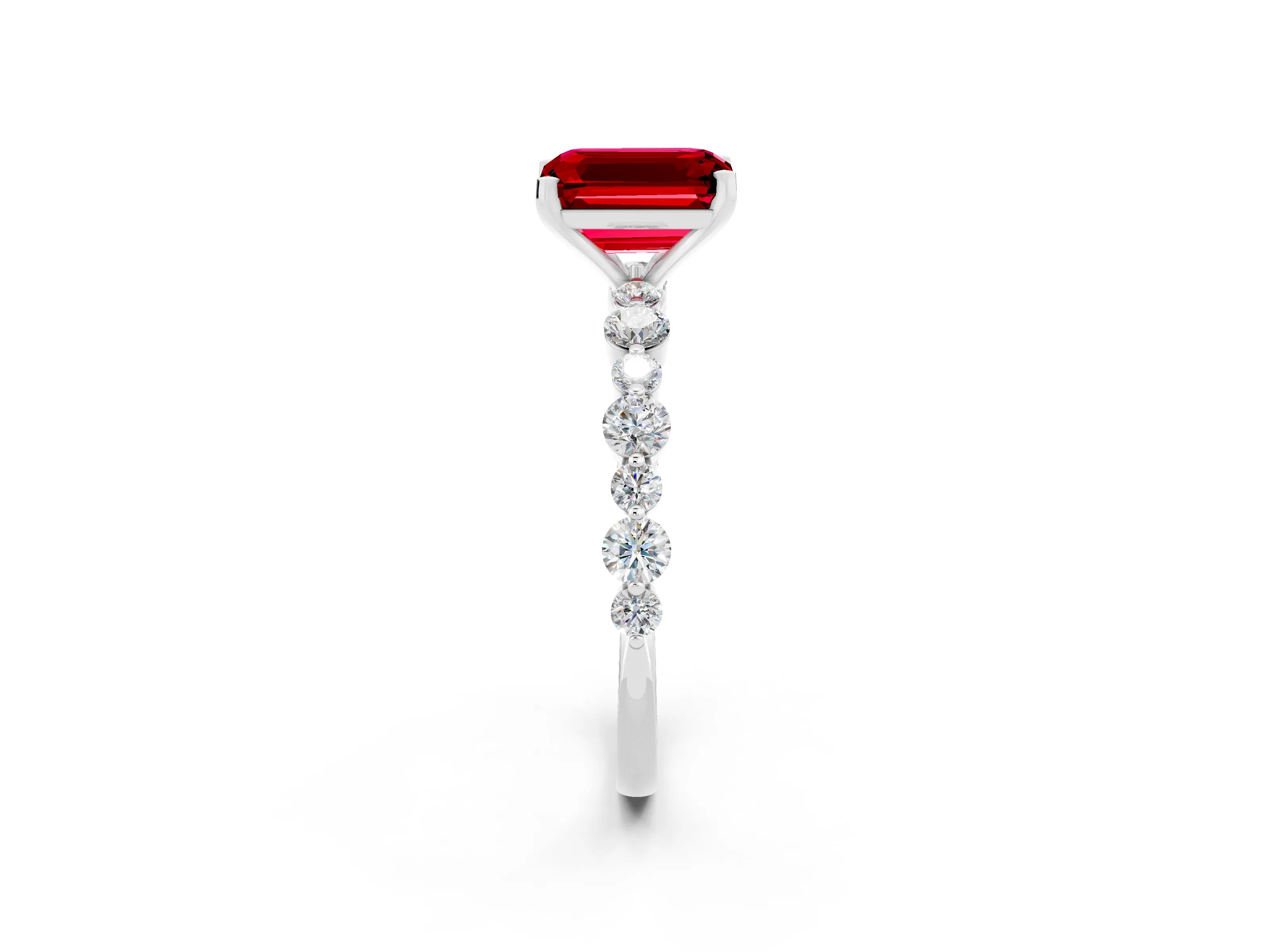 White gold Emerald Cut Ruby Prong Set Engagement Ring with Pavé Band_2