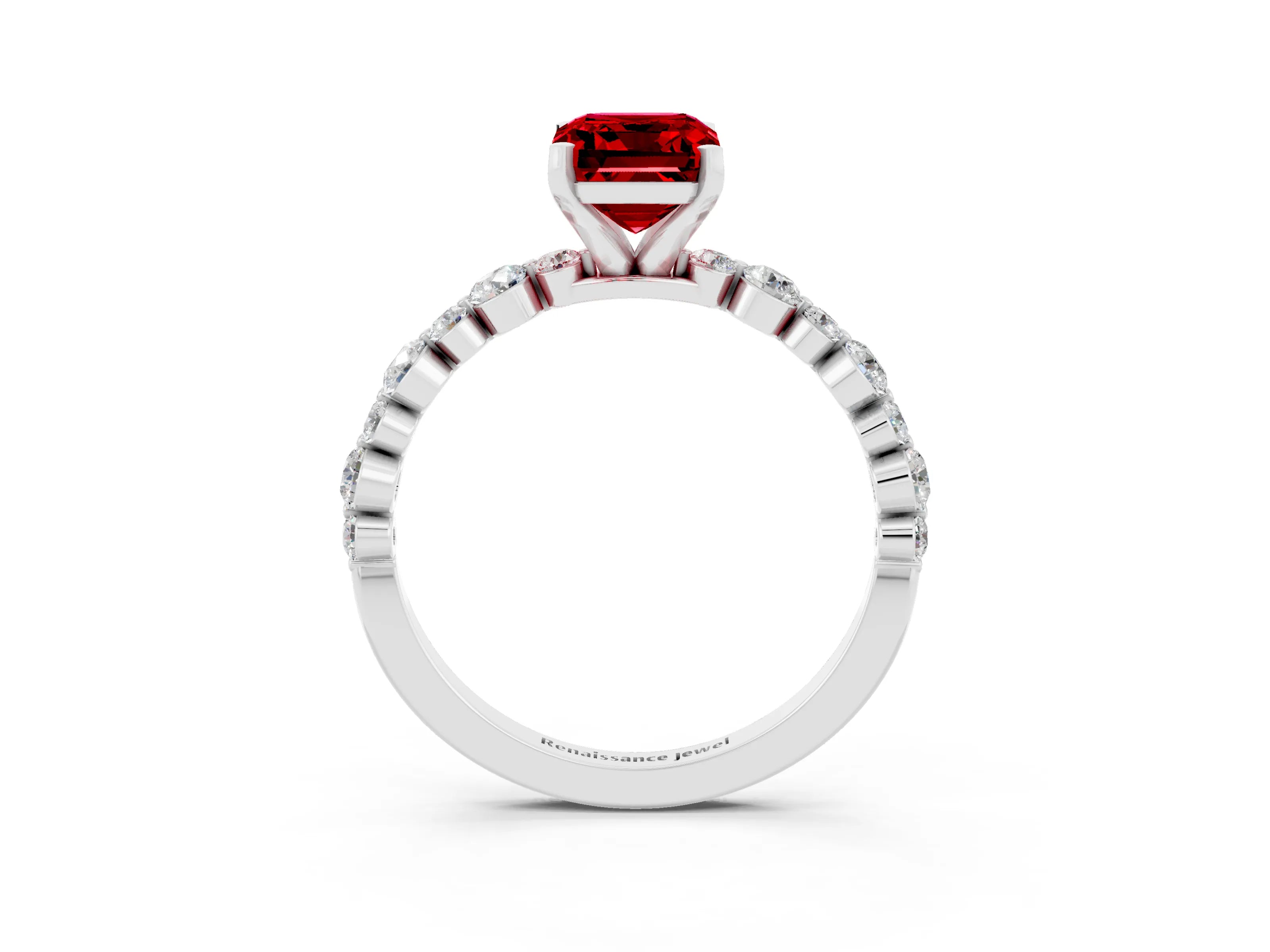 White gold Emerald Cut Ruby Prong Set Engagement Ring with Pavé Band_3