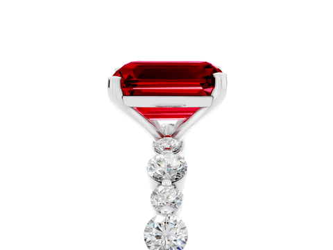 White gold Emerald Cut Ruby Prong Set Engagement Ring with Pavé Band_5