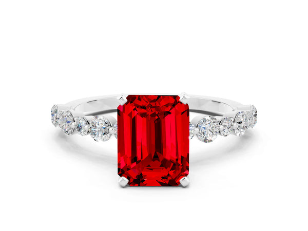 White gold Emerald Cut Ruby Prong Set Engagement Ring with Pavé Band
