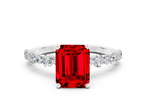 White gold Emerald Cut Ruby Prong Set Engagement Ring with Pavé Band
