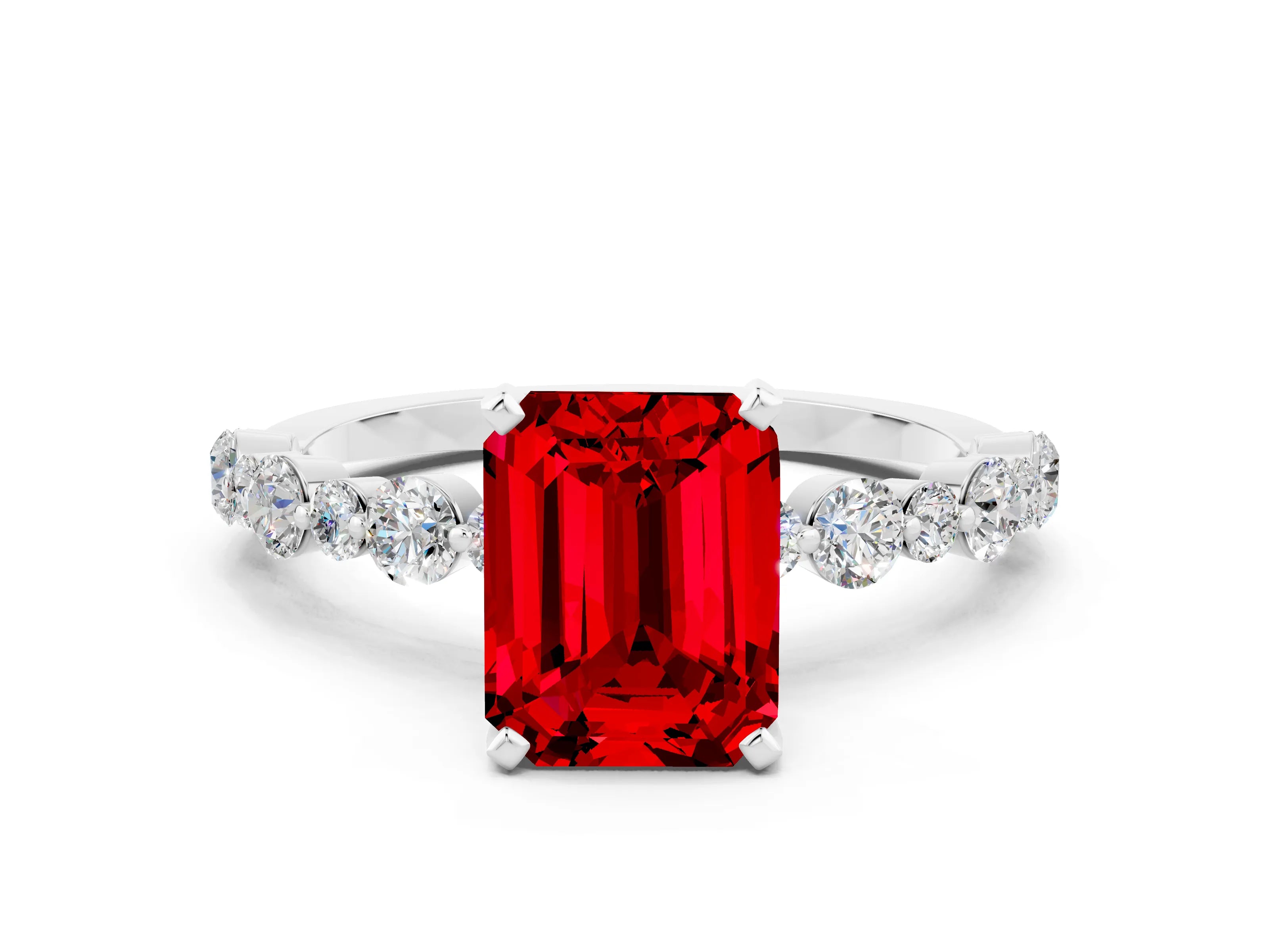 White gold Emerald Cut Ruby Prong Set Engagement Ring with Pavé Band