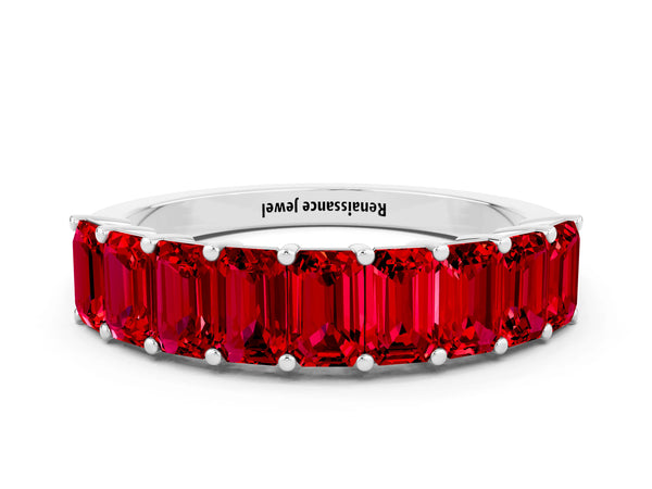 Platinum Emerald Cut Ruby Prong-Set Eternity Band