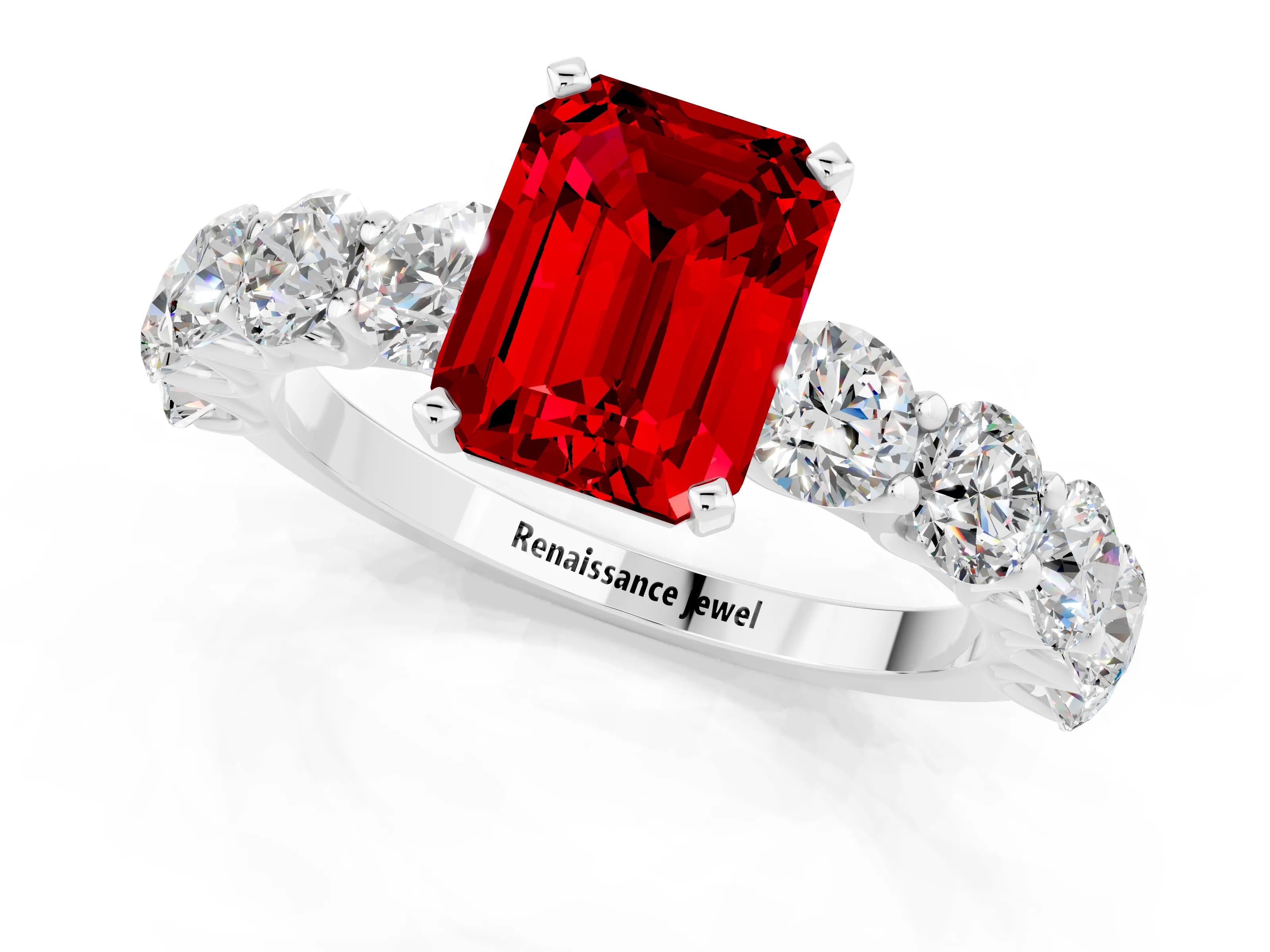White gold Emerald Cut Ruby Prong Setting with Side Stones on a Pave Band_1