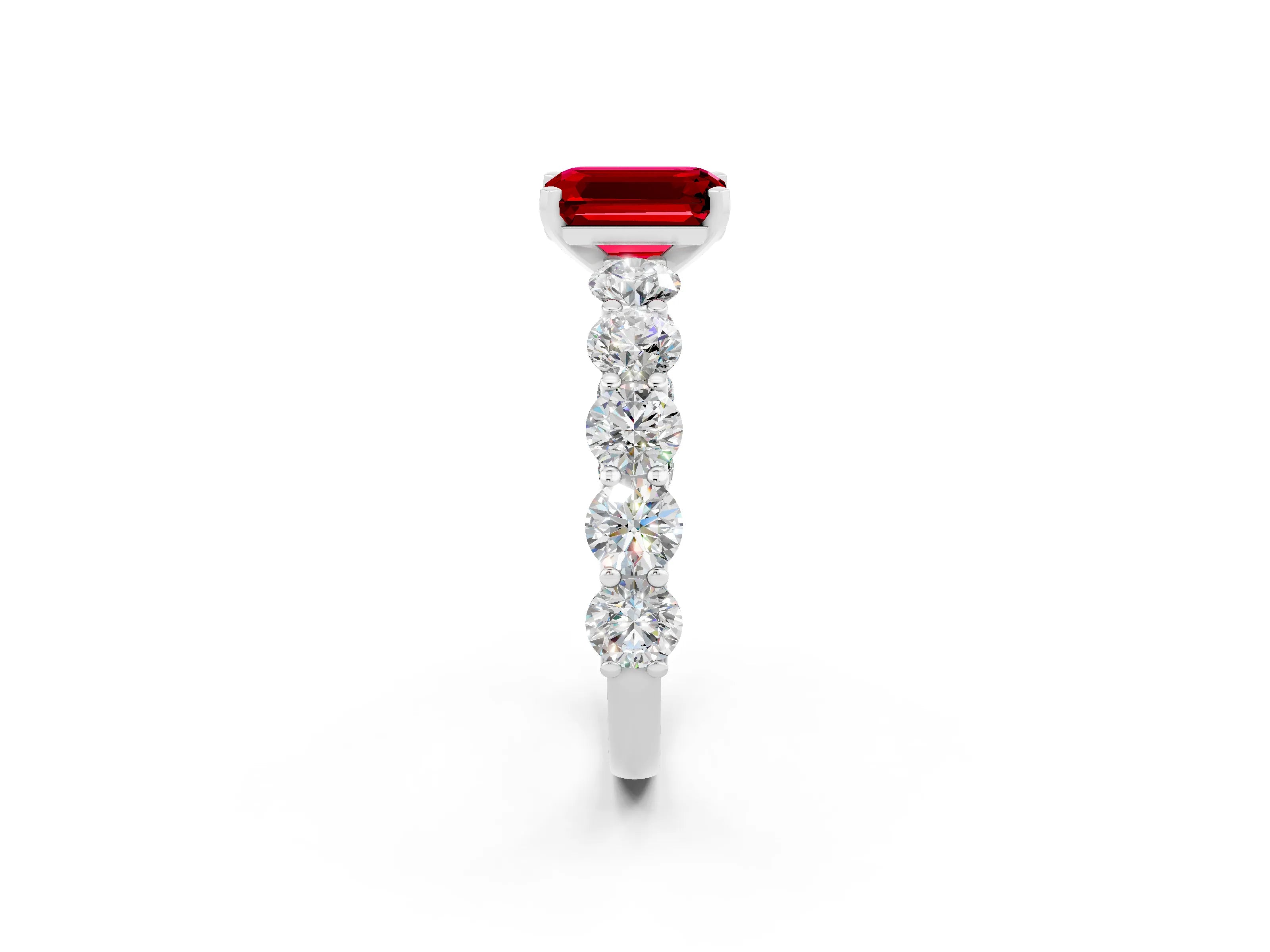 White gold Emerald Cut Ruby Prong Setting with Side Stones on a Pave Band_2
