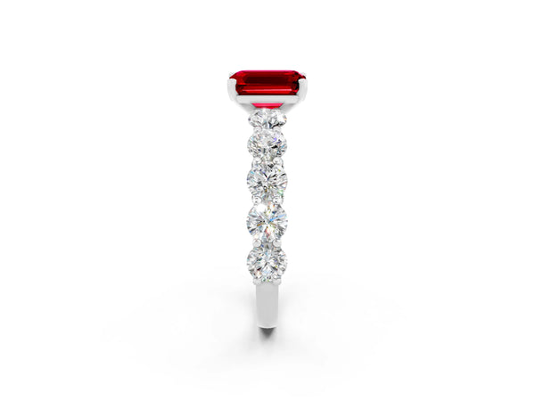 Platinum Emerald Cut Ruby Prong Setting with Side Stones on a Pave Band