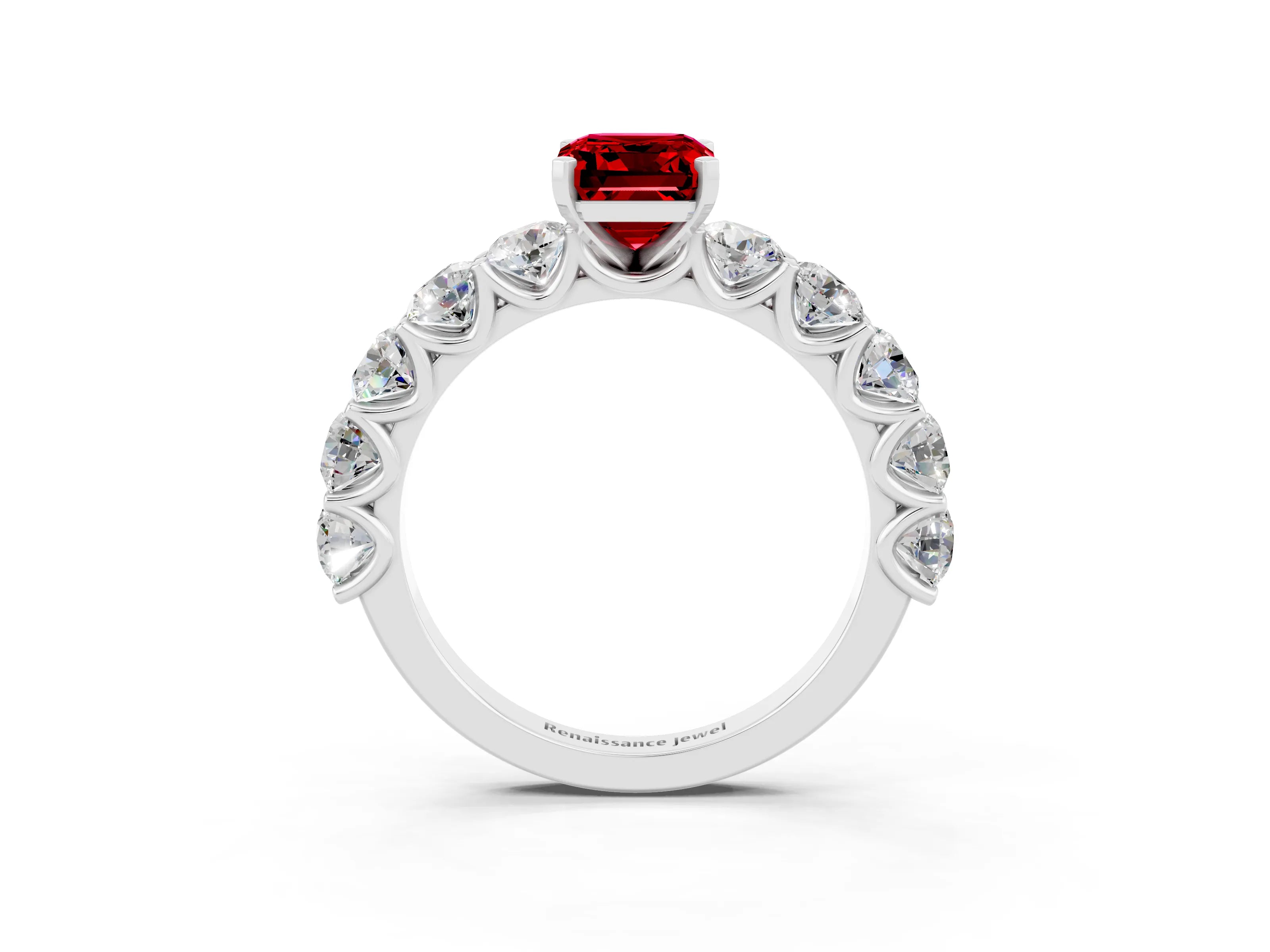 White gold Emerald Cut Ruby Prong Setting with Side Stones on a Pave Band_3
