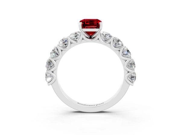 Silver Emerald Cut Ruby Prong Setting with Side Stones on a Pave Band
