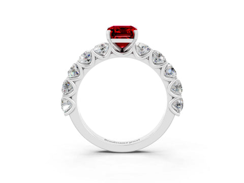 White gold Emerald Cut Ruby Prong Setting with Side Stones on a Pave Band_3
