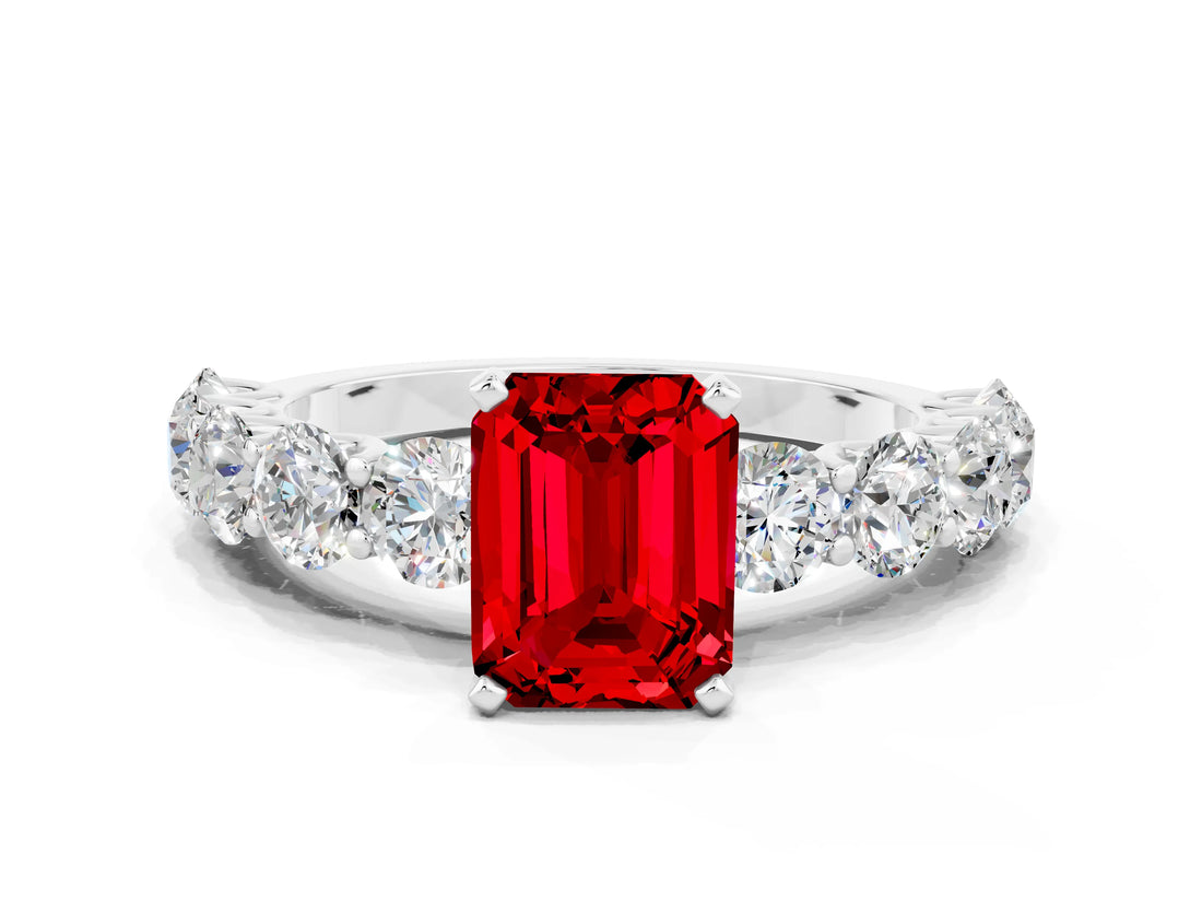 White gold Emerald Cut Ruby Prong Setting with Side Stones on a Pave Band