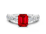 White gold Emerald Cut Ruby Prong Setting with Side Stones on a Pave Band