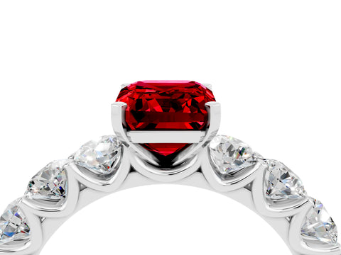 White gold Emerald Cut Ruby Prong Setting with Side Stones on a Pave Band_4