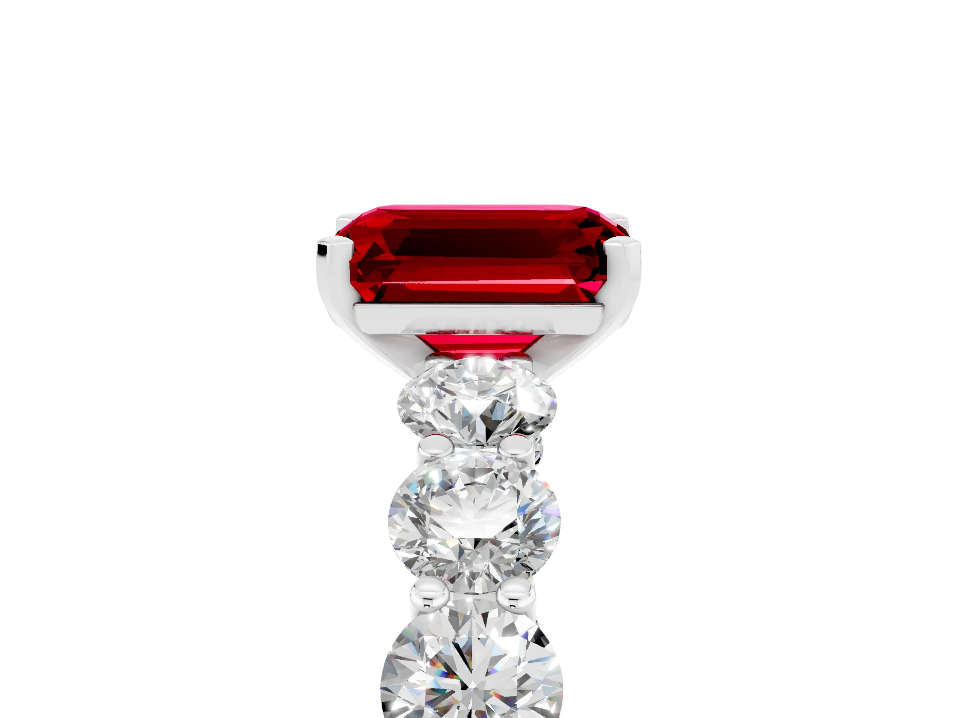 White gold Emerald Cut Ruby Prong Setting with Side Stones on a Pave Band_5