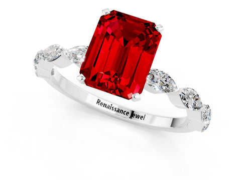 White gold Emerald Cut Ruby Ring with Marquise Side Stones and Prong Setting_1