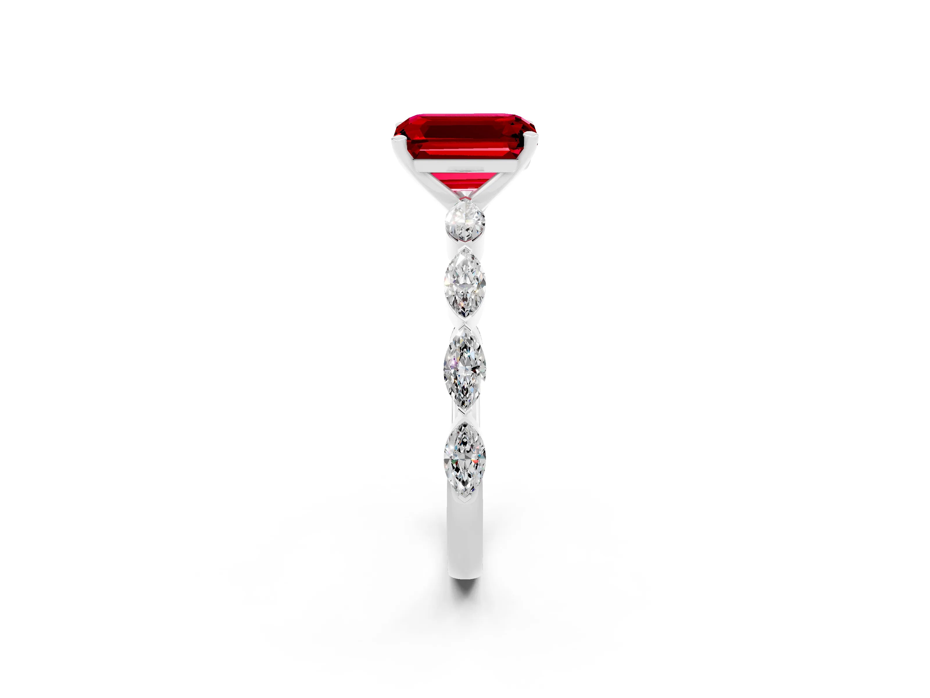 White gold Emerald Cut Ruby Ring with Marquise Side Stones and Prong Setting_2