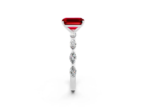 White gold Emerald Cut Ruby Ring with Marquise Side Stones and Prong Setting_2